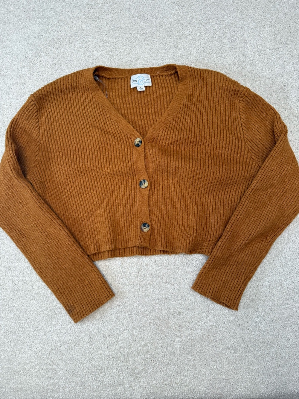 Monrow Cropped Ribbed Cardigan in Rust Brown